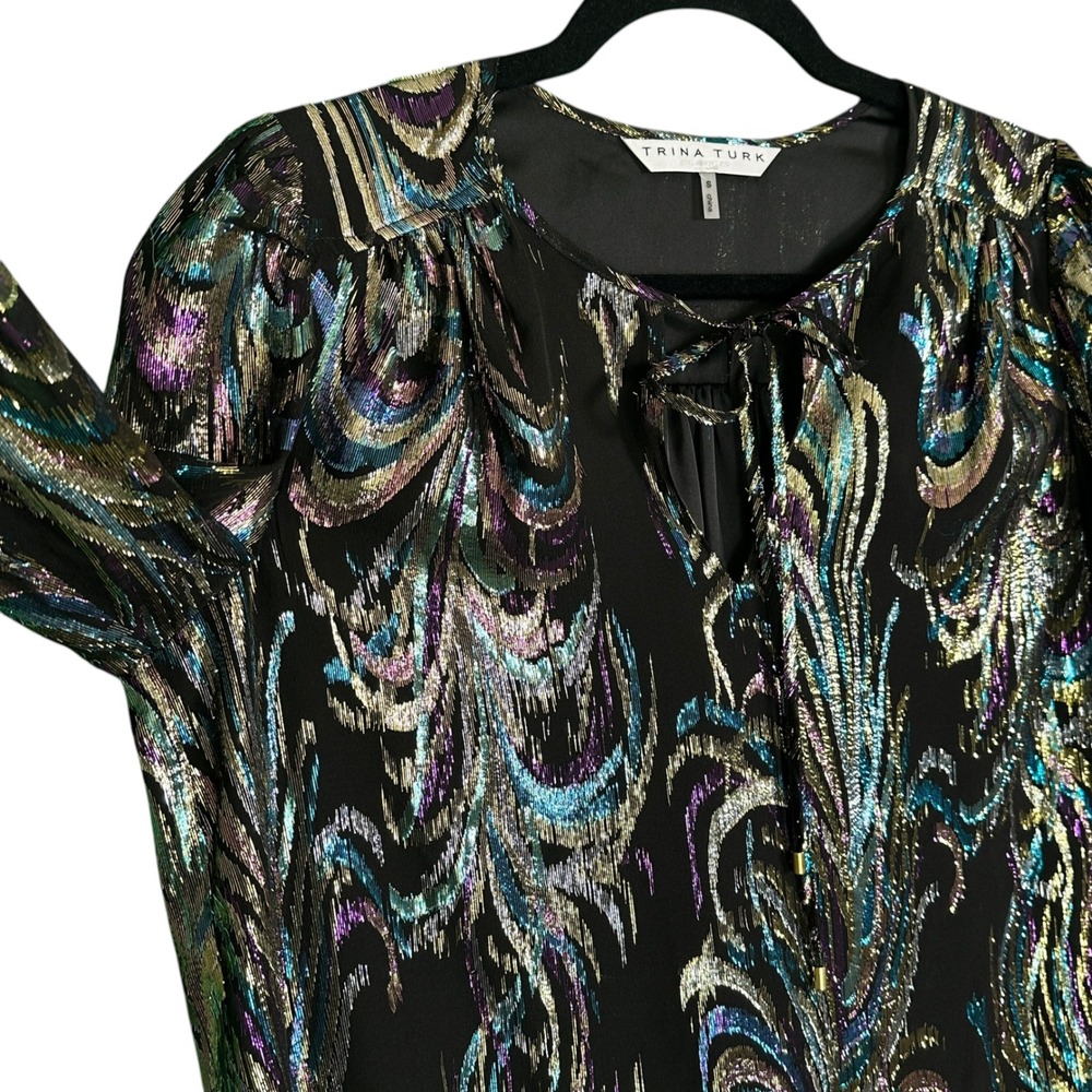 Trina Turk Top Ambrosial Silk Blend Metallic Jacquard V-Neck Black Multi S Glam - Picture 8 of 14